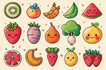 Fototapeta premium A collection of cartoon fruits and vegetables, including bananas, strawberries