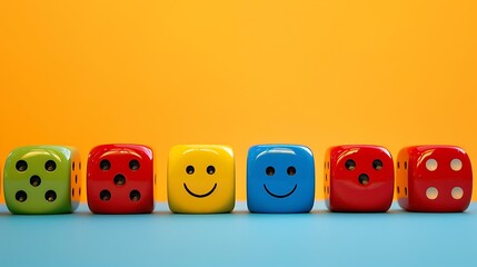 Obraz premium Six colorful gaming pieces smiling isolated on colorful background