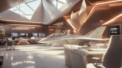 Naklejka premium Modern Office Design: Fighter Jets & Geometric Sculptures for an Inspiring Workspace