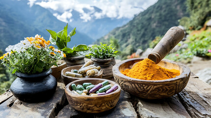A traditional Himalayan remedy being prepared with various medicinal plants, set against a backdrop of mountainous scenery 