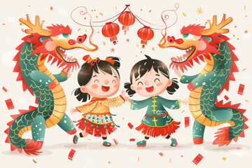 Fototapeta premium Chinese New Year, a group of children playing happily together with illustrations