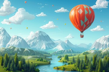 Fototapeta premium A hot air balloon is flying over a mountain range and a river