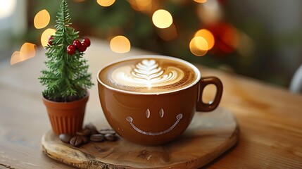 Smile of latte coffee small tree and toasts on the table