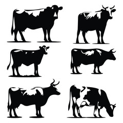 Fototapeta premium Cow black silhouette vector set isolated on white background for farm design