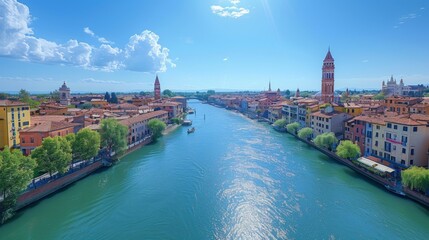 Fototapeta premium Aerial View of a Cityscape with a River and a Tower