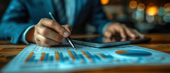 Businessman working with financial newspaper and digital tablet on desk in office, close-up hand holding pen writing information to document chart data, graph, and business growth concept background b