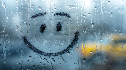 smiling face drawn on a fogged mirror promoting the concept of happiness and positivity
