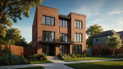 Fototapeta premium Brick townhouse facade with large bay windows and a landscaped front yard