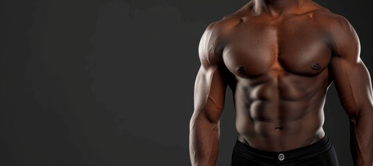 Fototapeta premium Muscular African American man a black shows perfect body in dark background, close p.