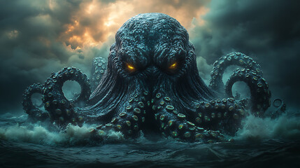 Kraken emerging from stormy seas in epic style with deep-sea colors, capturing a dramatic ocean scene

