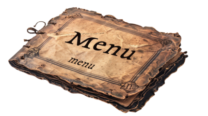 Old food menu with text MENU on transparent background