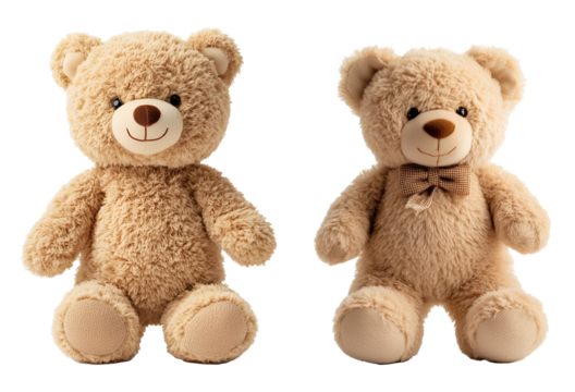 Two cute teddy bears with soft fur and expressive faces for children's toys and gifts,  isolated on transparent background