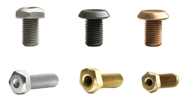 Variety of metallic bolts and fasteners displayed, isolated on transparent background