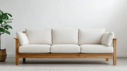 Fototapeta premium Contemporary teak wood sofa with soft, neutral-colored cushions, in a minimalist living room, sustainable interior design, Clean background