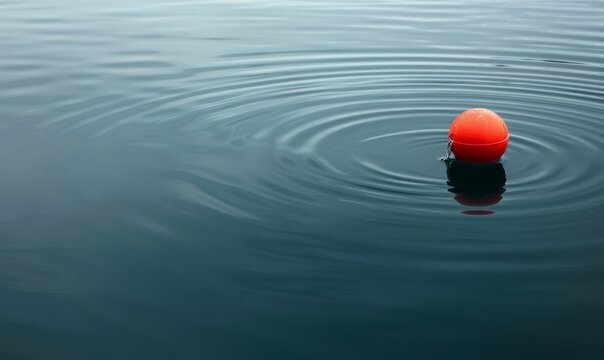 A lone, red fishing bobber floating on a calm, clear water surface