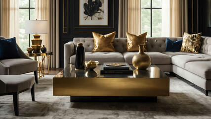 Designer coffee table with gold accents in a sleek modern living room