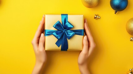 A pair of hands holding a golden gift box with a blue bow on a yellow background surrounded by festive decorations.