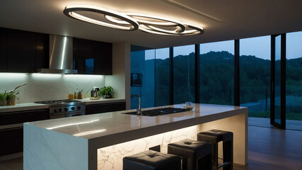 Fototapeta premium Futuristic lighting fixtures above a sleek kitchen island in a modern home