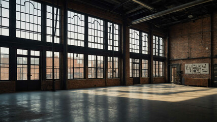 Industrial loft building with large metal framed windows and exposed brick