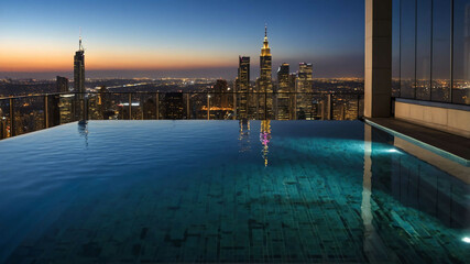 Obraz premium Infinity edge pool reflecting city lights in a modern rooftop setting