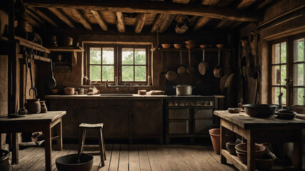 Fototapeta premium Iron cooking tools hanging from a wooden beam in an old kitchen