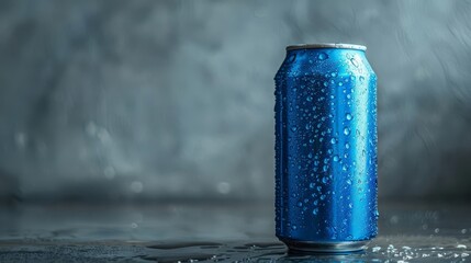 A lone, vibrant blue soda can with condensation, set against a grey backdrop