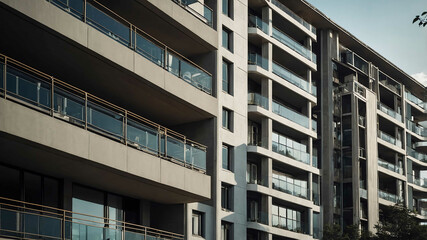 Fototapeta premium Luxury high rise apartment with sleek metal railings and glass balconies