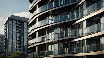 Luxury high rise apartment with sleek metal railings and glass balconies