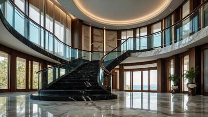 Fototapeta premium Marble staircase with glass railings in a spacious luxury villa