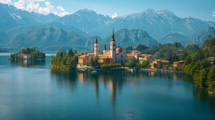 Island Church on a Calm Lake with Mountain Background