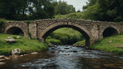 Medieval stone bridge arching over a small stream in a countryside village