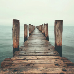Fototapeta premium Vast Deserted Pier with Old Wooden Posts: A Mysterious and Quiet Escape