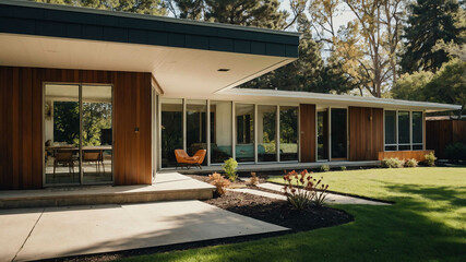 Mid century modern home with large windows and minimalist landscaping