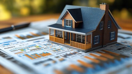 Model house on financial documents showcasing real estate analysis.