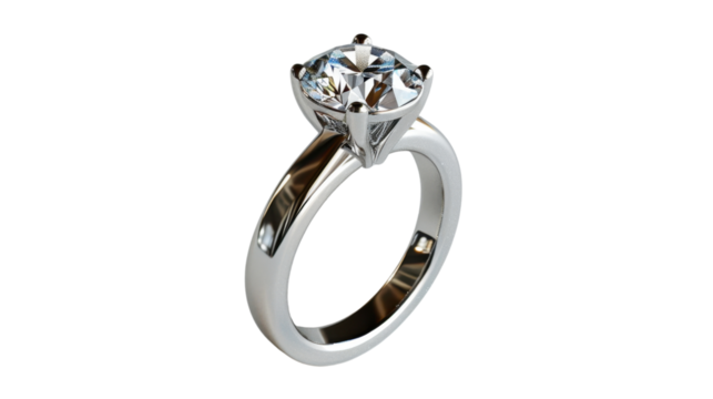 A silver ring with a diamond on transparent background