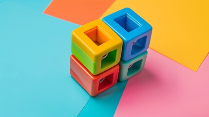 Obraz premium stack of plastic bold multicoloured pencil sharpeners isolated on colorful background