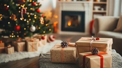 Christmas presents under the tree, fireplace, and a cozy living room.
