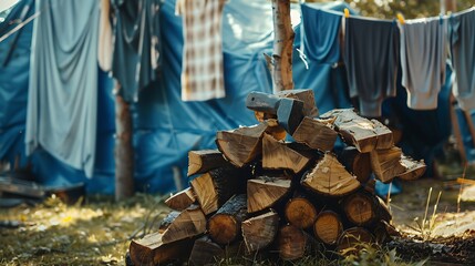 stacked firewood with an ax on a background of blue tents and hung laundry