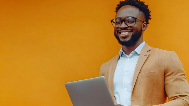 Smiling Black Man in a Suit Holding a Laptop Against a Yellow Background