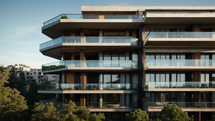 Obraz premium Modern residential building with large balconies and metal accents