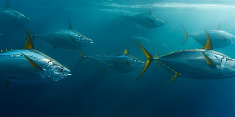 Fototapeta premium Majestic School of Yellowfin Tuna Gliding Through Vibrant Underwater Seascape