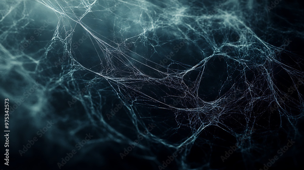 Wall mural a close-up of a spiderweb with a dark blue background. the web is intricate and delicate, with a sof