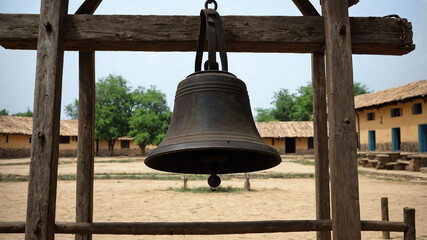 Obraz premium Old iron bell hanging from a wooden frame in a village square