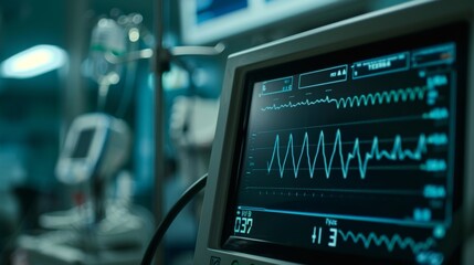 Fototapeta premium Medical Monitor Displaying Critical Heart Rate Data in Emergency Room