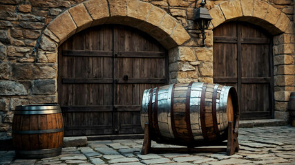 Old wooden barrel leaning against a stone wall in a medieval marketplace
