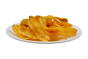 Fried banana slice in white plate isolated transparent