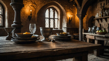 Old wooden table set with pewter goblets and clay plates in a medieval inn