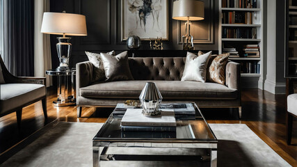 Polished chrome coffee table with designer books in a luxury living room
