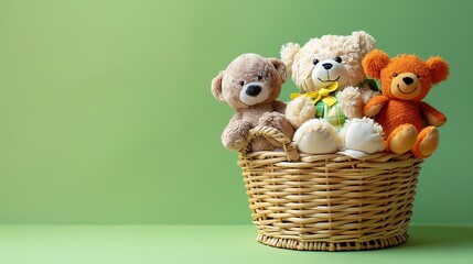 Stuffed toys in a wicker basket isolated on colorful background