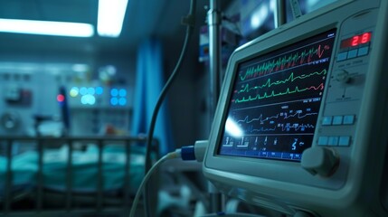 Fototapeta premium Medical Monitor in Emergency Room Displaying Slow Heart Rate Data